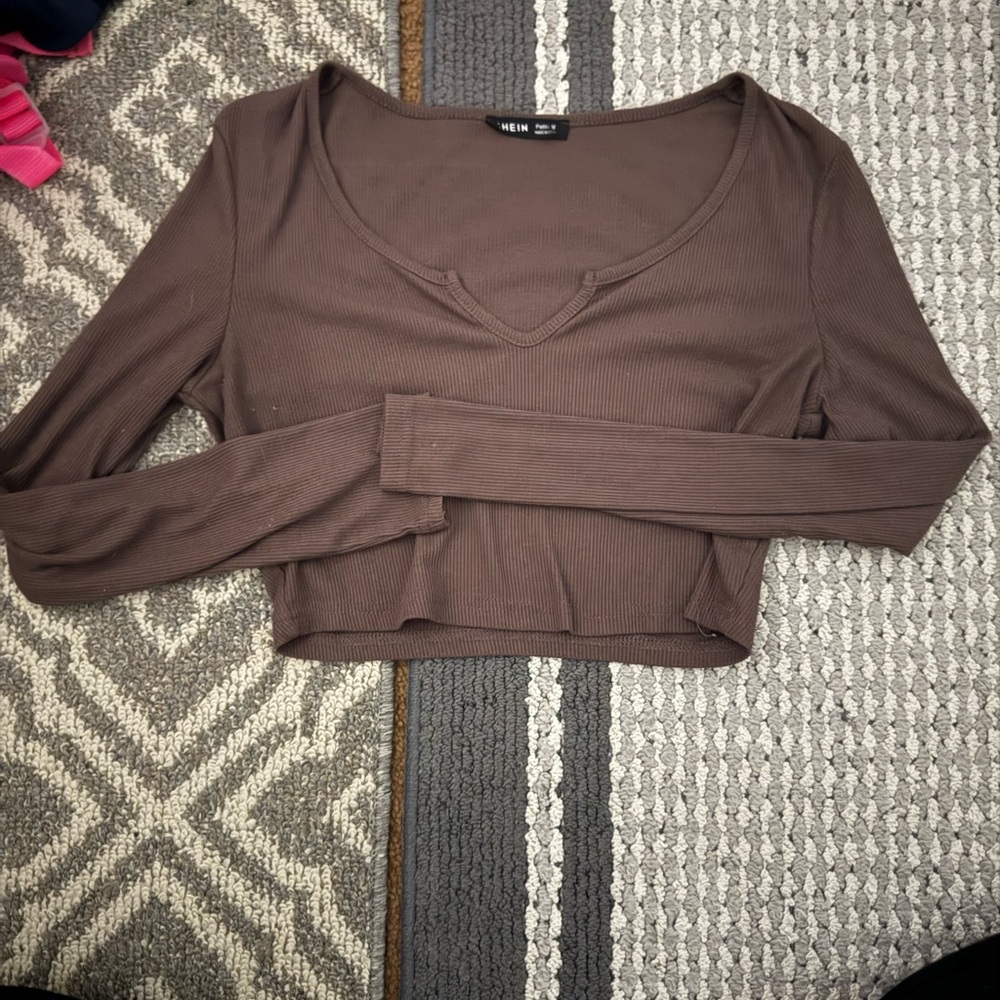 Shein Brown Ribbed Long Sleeve Crop Top